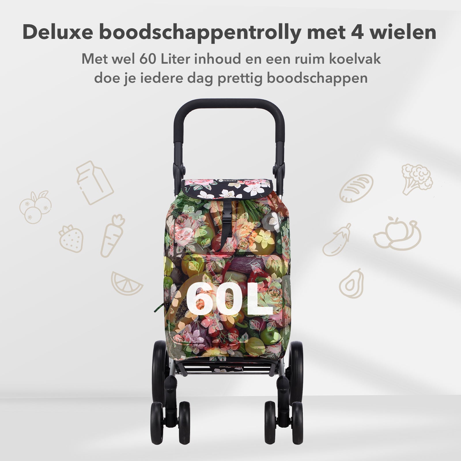 Packaway Boodschappentrolley met 4 wielen - boodschappenwagen deluxe met koelvak en verstelbaar handvat – 60 liter – Black Flower