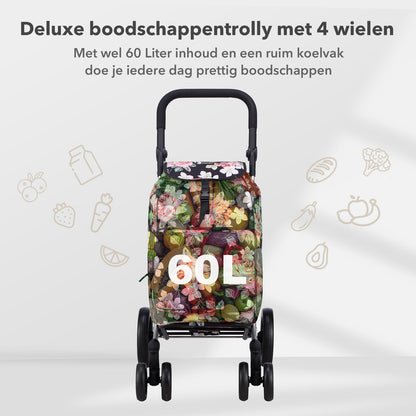 Packaway Boodschappentrolley met 4 wielen - boodschappenwagen deluxe met koelvak en verstelbaar handvat – 60 liter – Black Flower