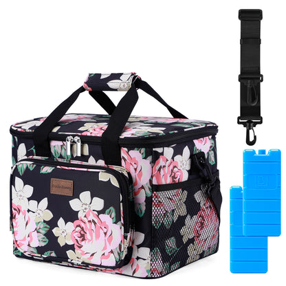 Koeltas 15L abstract black flower - lunchtas - 4-laags geïsoleerd - opvouwbaar - incl. 2 gratis koelelementen en draagband