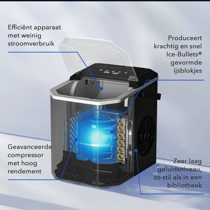 Bardi 1.3L Deluxe IJsblokjesmachine Square – IJsblokmaker Inclusief Luxe Thermosbeker en IJsschep – 9 Blokjes in 8 Minuten – ZWART
