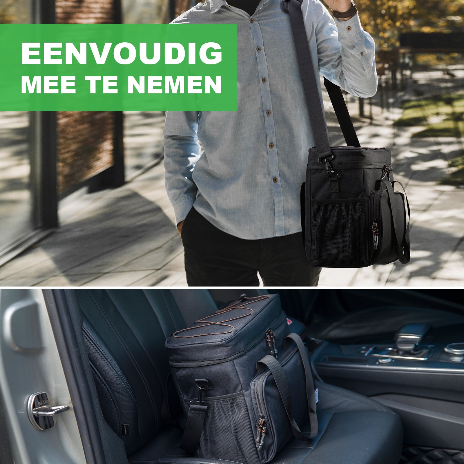 Koeltas 15L zwart oranje - Lunchtas - 4-laags geïsoleerd - incl. 2 gratis koelelementen en schouderriem