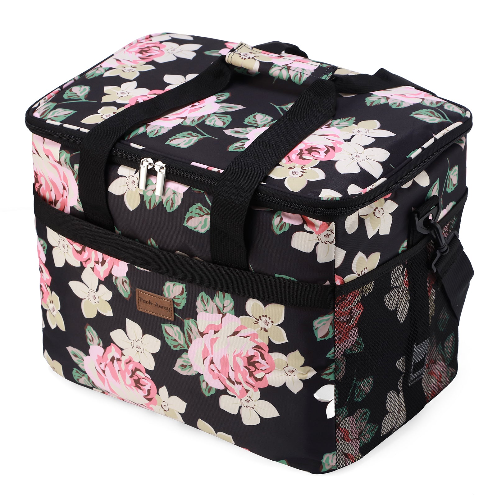 Koeltas 30L black flower - lunchtas - opvouwbaar - 4-laags geïsoleerd - incl. 4 gratis koelelementen en draagband