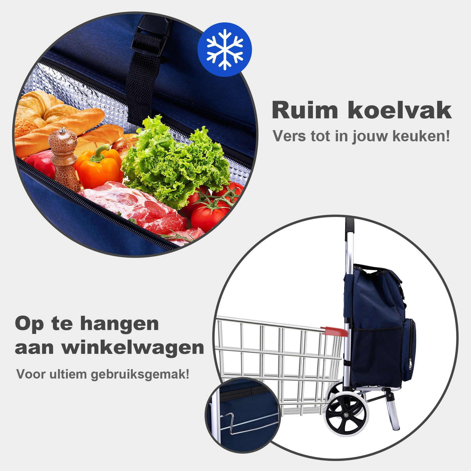 Boodschappentrolley 45L blauw - winkelwagen ophanging - opvouwbaar - telescopisch handvat