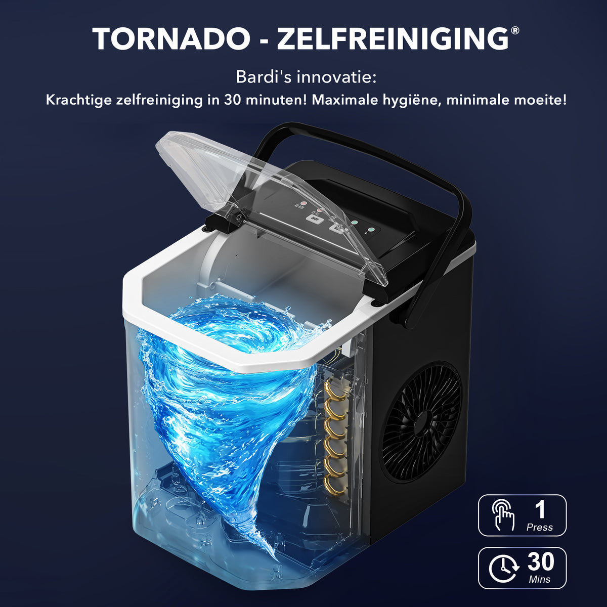 Bardi 1.3L Deluxe IJsblokjesmachine Square – IJsblokmaker Inclusief Luxe Thermosbeker en IJsschep – 9 Blokjes in 8 Minuten – ZWART