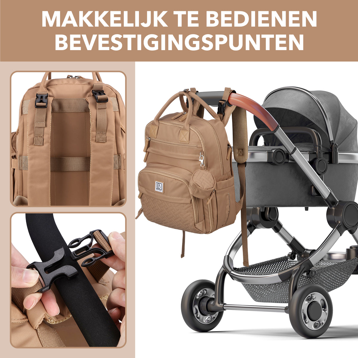 Brisby Premium Luiertas – Uitgebreide en Functionele Verzorgingstas – met buggymontage – Anti Diefstal Vakken - Reistrolley Sleeve - Inclusief verschoonmatje t.w.v.15,99 euro en speenhouder - Levenslange Garantie - True Terracotta