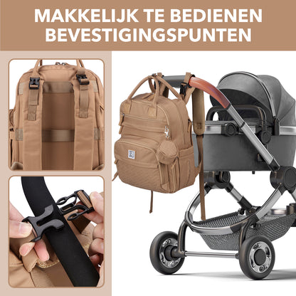 Brisby Premium Luiertas – Uitgebreide en Functionele Verzorgingstas – met buggymontage – Anti Diefstal Vakken - Reistrolley Sleeve - Inclusief verschoonmatje t.w.v.15,99 euro en speenhouder - Levenslange Garantie - True Terracotta