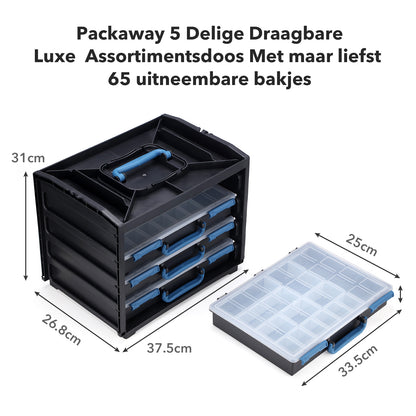 Packaway 5 Delige Draagbare Luxe  Assortimentsdoos, Assortimentskoffer Met 65 Uitneembare bakjes.