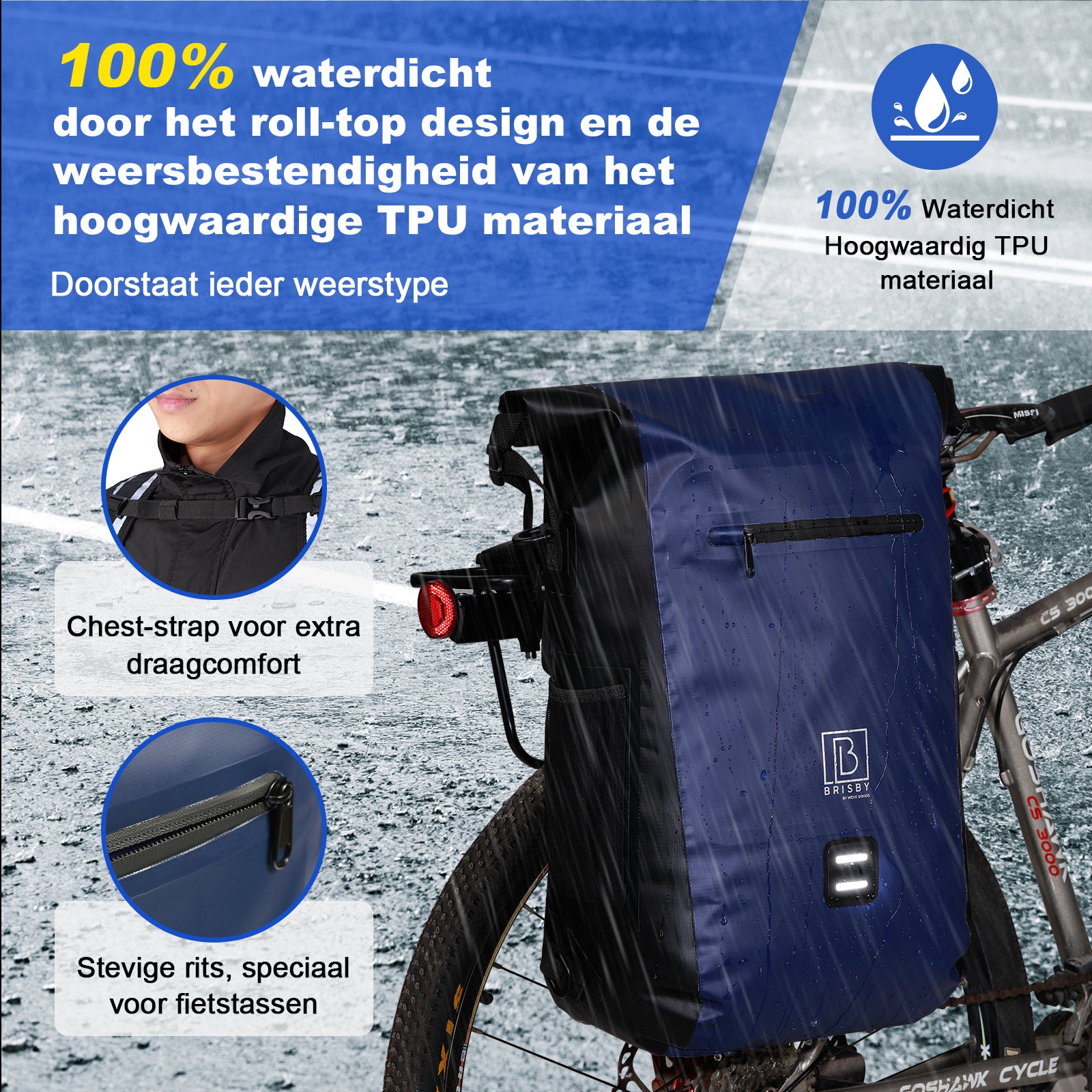 3 in 1 waterdichte rolltop fietstas 20-26L Blauw - reflecterend - hoge zichtbaarheid - fietstas - rugtas - schoudertas