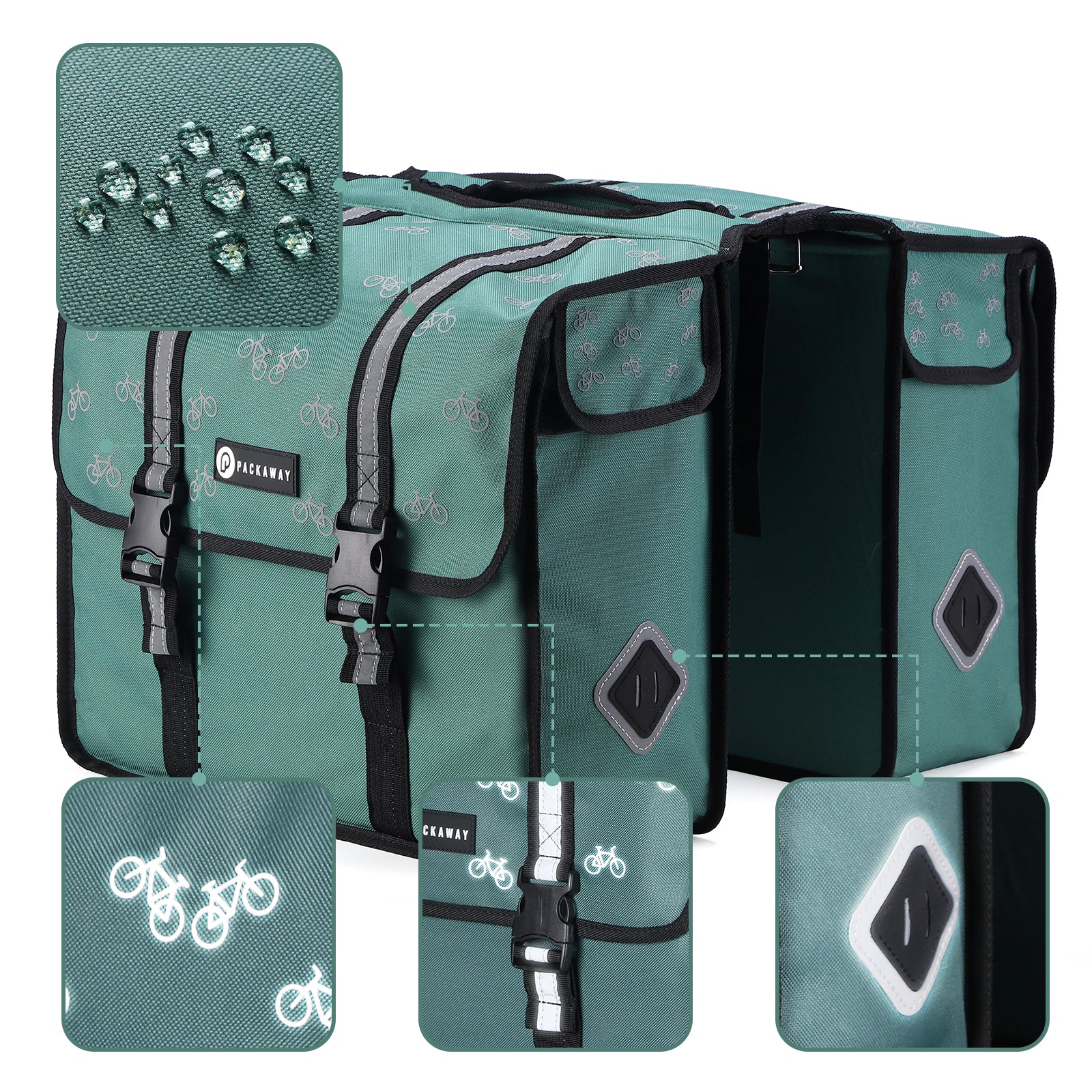 Packaway Dubbele Fietstassen 36L patroon zwart groen - waterdicht - reflectie
