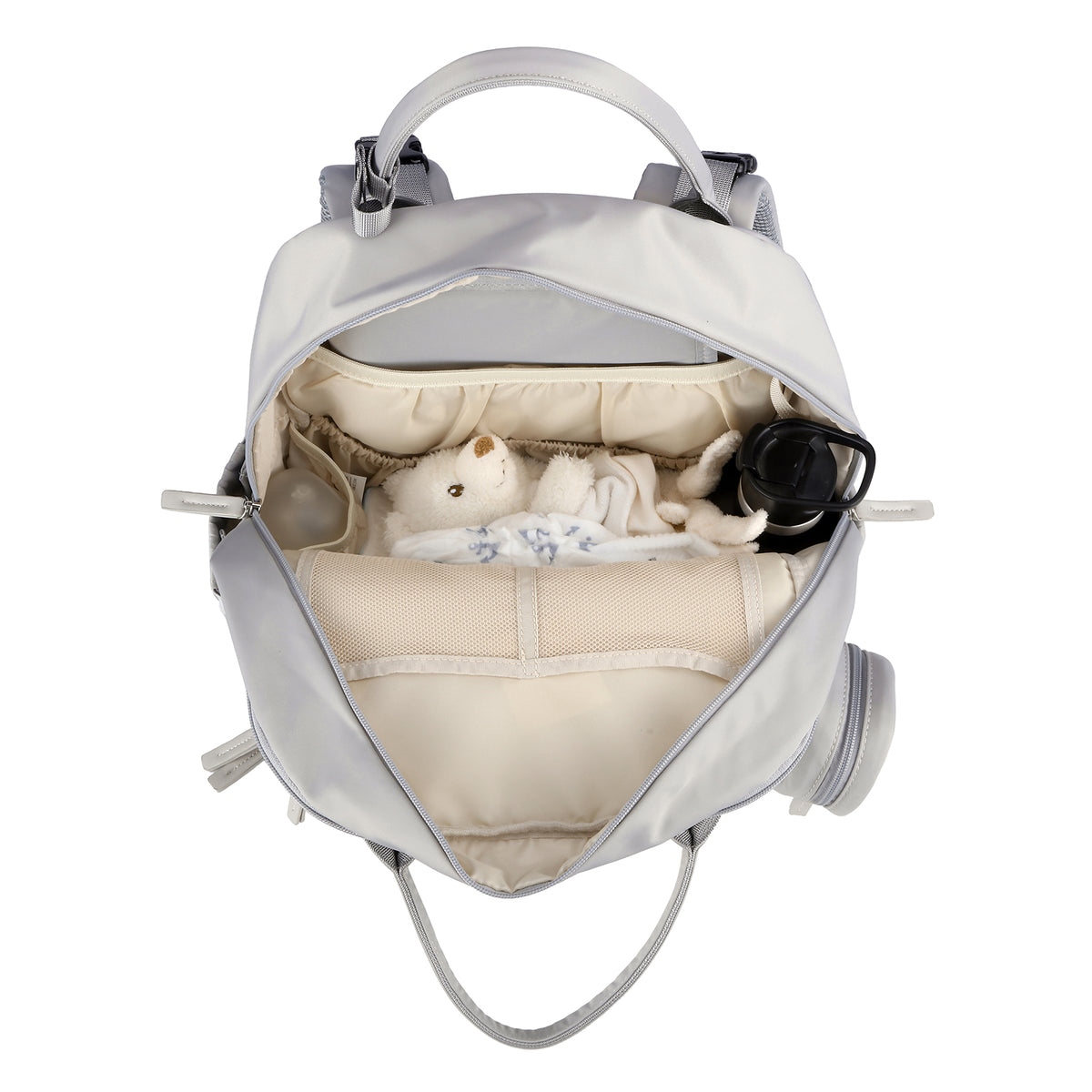 Brisby Premium Luiertas – Uitgebreide en Functionele Verzorgingstas – met buggymontage – Anti Diefstal Vakken - Reistrolley Sleeve - Inclusief verschoonmatje t.w.v.15,99 euro en speenhouder - Levenslange Garantie -Modern Grey