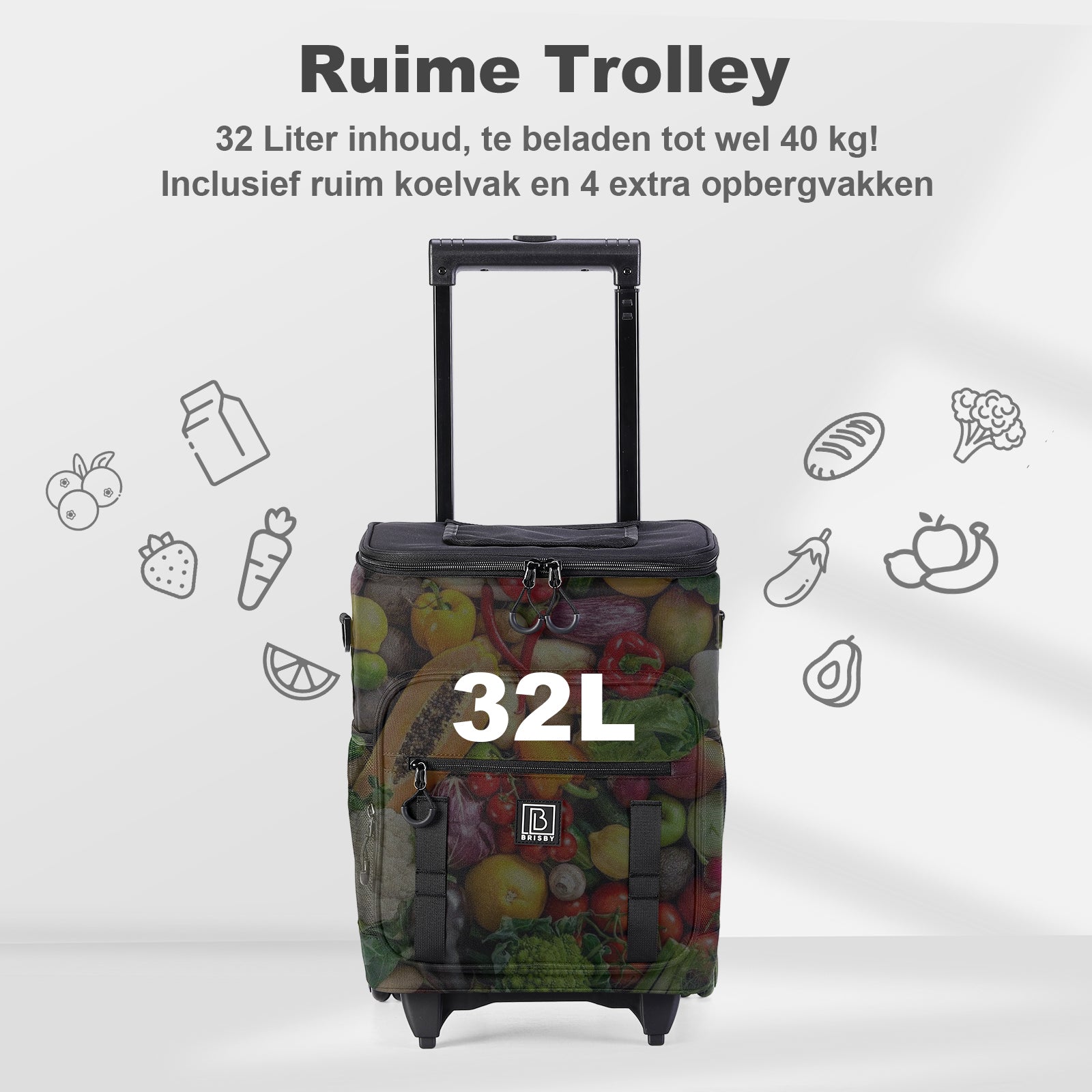 Brisby Boodschappentrolley met Koelvak – 32L Ruimte – Ideaal voor Boodschappen – Inclusief Koelelementen – Waterafstotend – Verstelbaar Handvat – Zwart