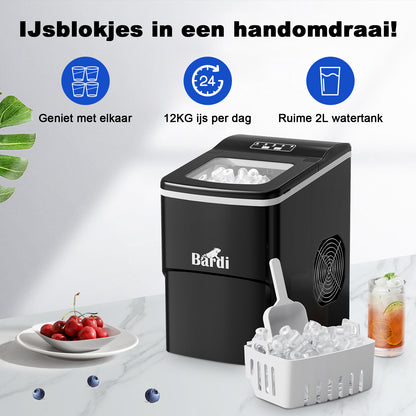 Bardi Deluxe IJsblokjesmachine 2L zwart - Zelfreinigingsfunctie - ijsblokmaker met ijsschep - Incl. luxe thermosbeker en ijsschep