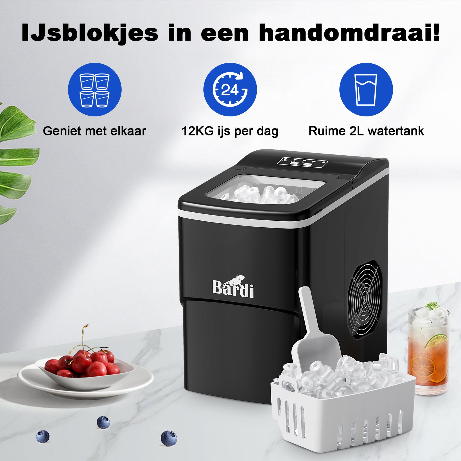 Bardi IJsblokjesmachine Set - 2 Liter - 12KG IJsblokjes in 24 uur - met IJsschep - Inclusief 1 Luxe Thermosbeker - Zwart - Citruspers RVS