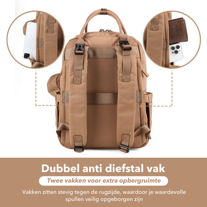 Brisby Premium Luiertas – Uitgebreide en Functionele Verzorgingstas – met buggymontage – Anti Diefstal Vakken - Reistrolley Sleeve - Inclusief verschoonmatje t.w.v.15,99 euro en speenhouder - Levenslange Garantie - True Terracotta