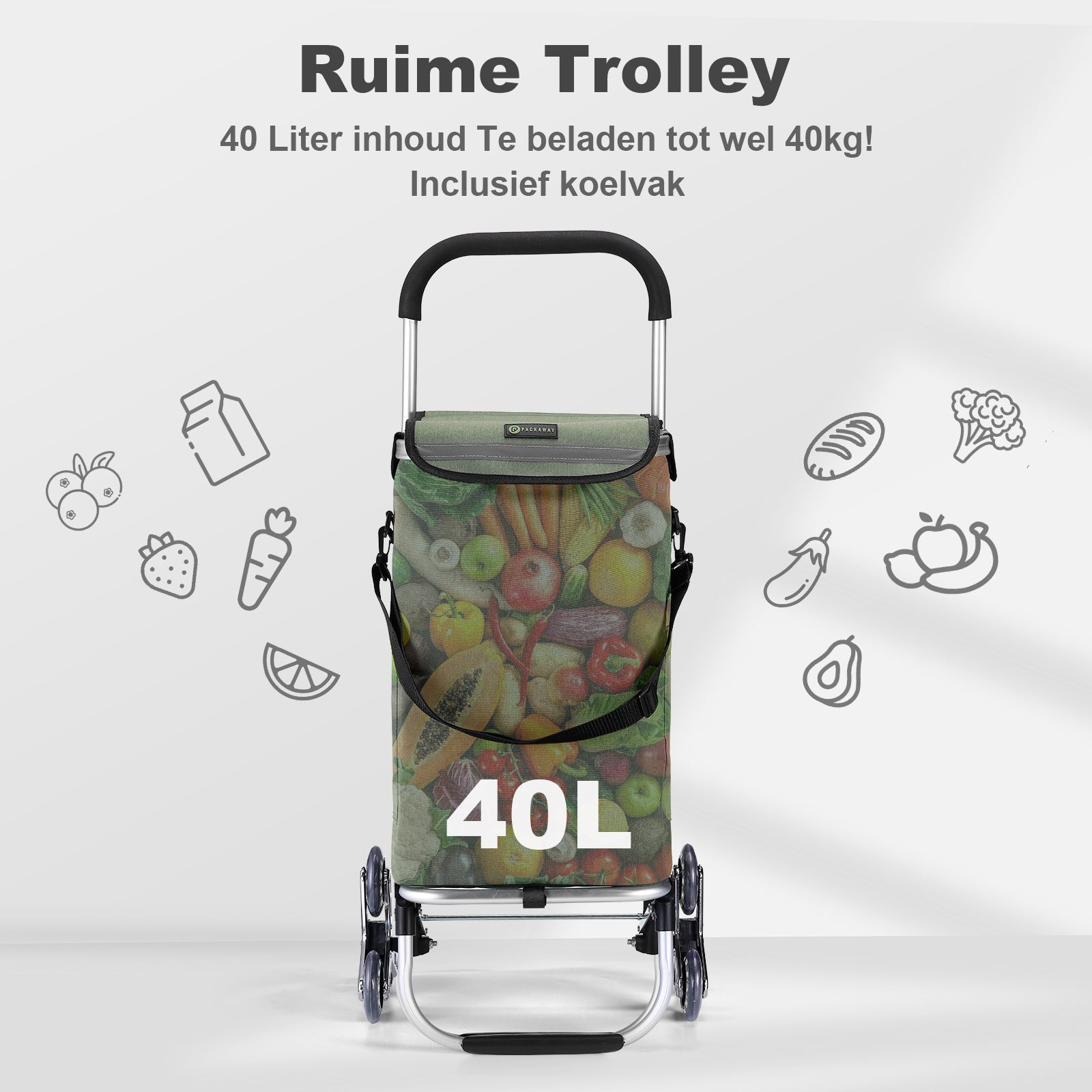 Boodschappentrolley 40L  met trapwielen groen - winkelwagen ophanging - opvouwbaar - telescopisch handvat