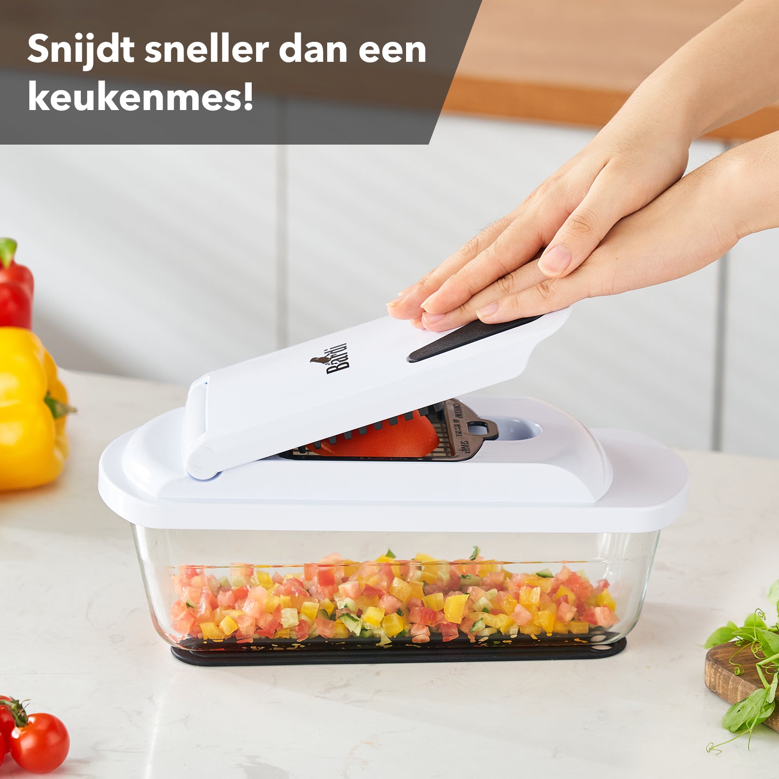 Bardi 12-delige mandoline met glazen ovenschaal - groentesnijder - anti-slip mat - glas & RSV - wit