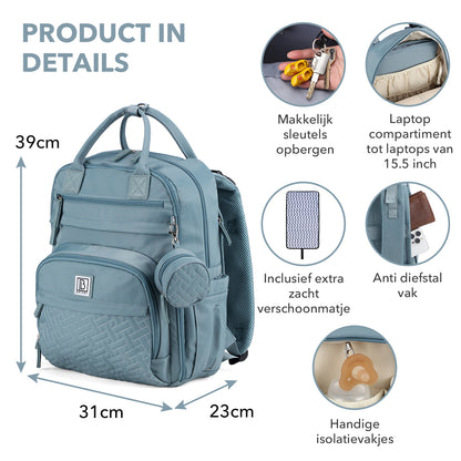 Brisby Premium Luiertas – Uitgebreide en Functionele Verzorgingstas – met buggymontage – Anti Diefstal Vakken - Reistrolley Sleeve - Inclusief verschoonmatje t.w.v.15,99 euro en speenhouder - Levenslange Garantie - Misty Blue