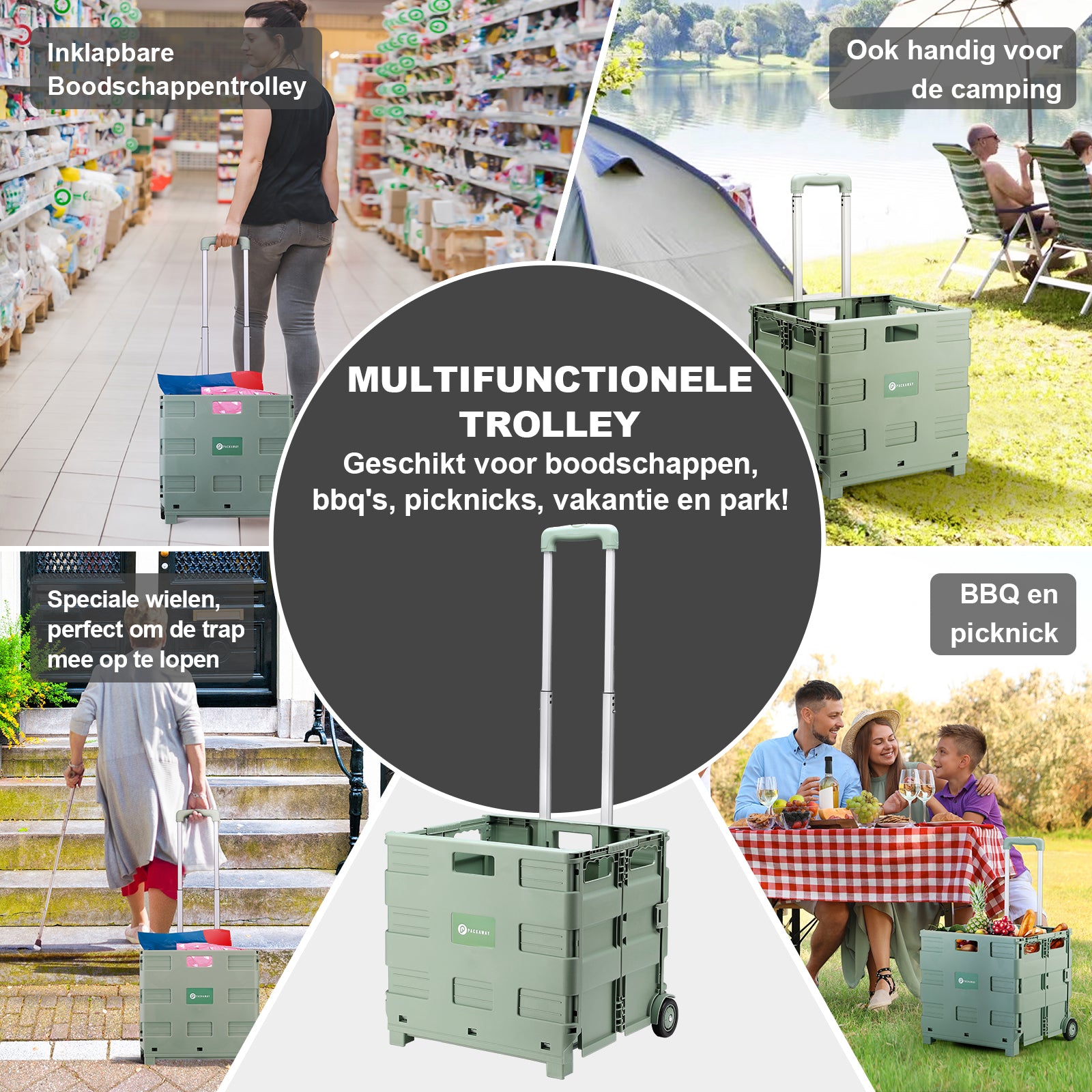 Packaway Boodschappentrolley krat XL 50L groen