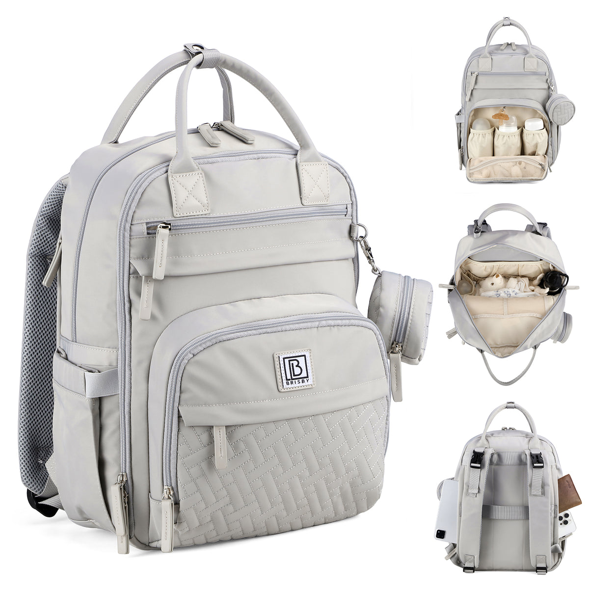 Brisby Premium Luiertas – Uitgebreide en Functionele Verzorgingstas – met buggymontage – Anti Diefstal Vakken - Reistrolley Sleeve - Inclusief verschoonmatje t.w.v.15,99 euro en speenhouder - Levenslange Garantie -Modern Grey