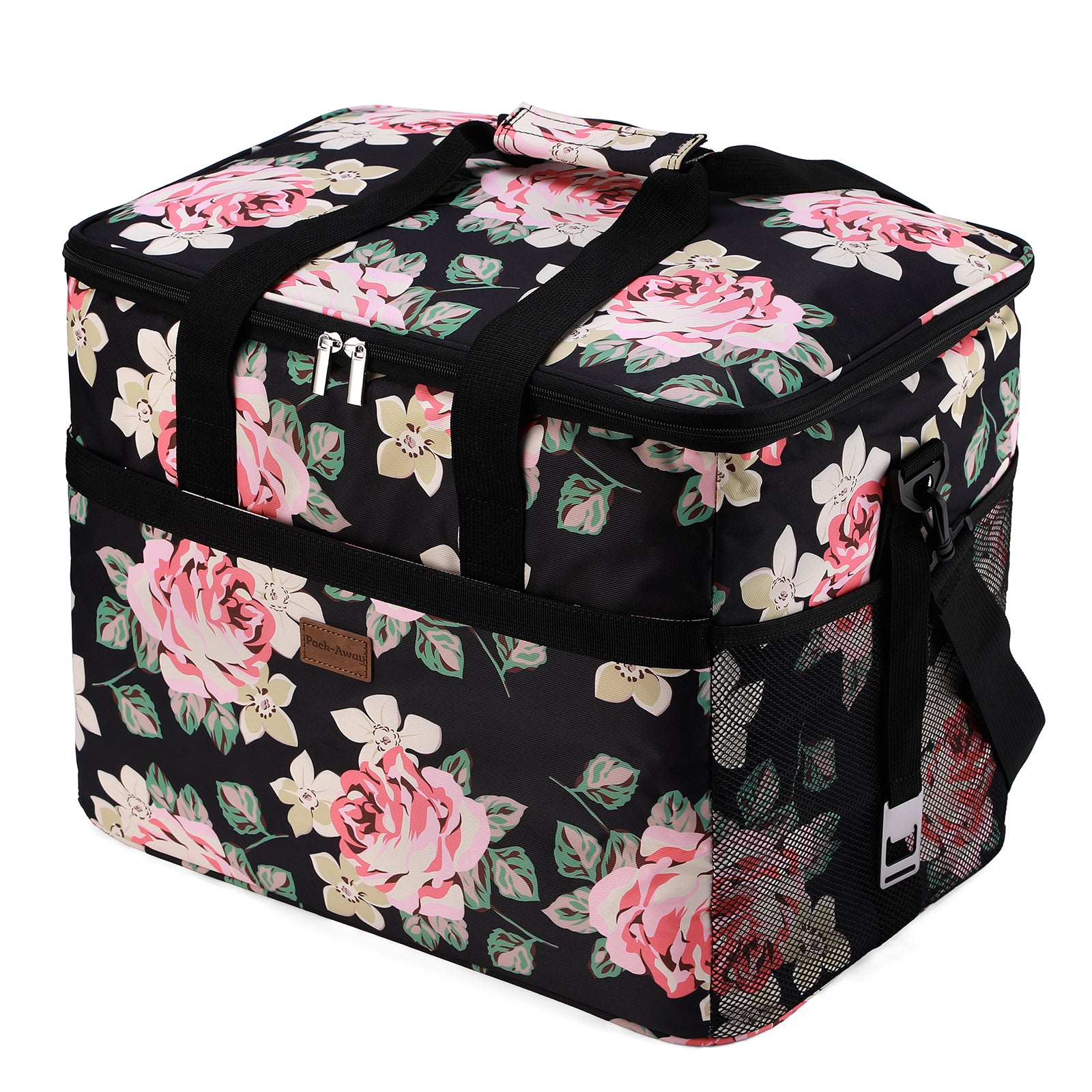 Koeltas 40L black flower - lunchtas - opvouwbaar - 4-laags geïsoleerd - incl. 6 gratis koelelementen en draagband