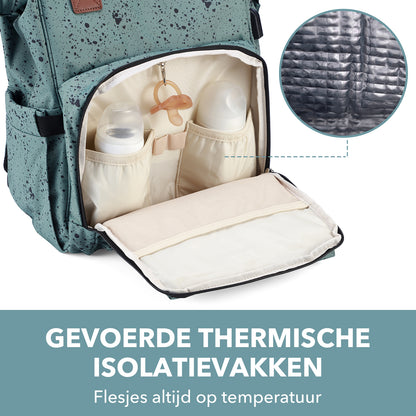 Stayopen changing bag green dots - changing bag - stay-open frame - USB charging function - incl. buggy mounting and changing mat