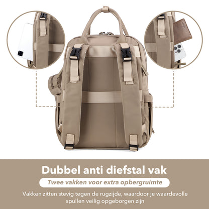 Brisby Premium Luiertas – Uitgebreide en Functionele Verzorgingstas – met buggymontage – Anti Diefstal Vakken - Reistrolley Sleeve - Inclusief verschoonmatje t.w.v.15,99 euro en speenhouder - Levenslange Garantie - Natural Greige
