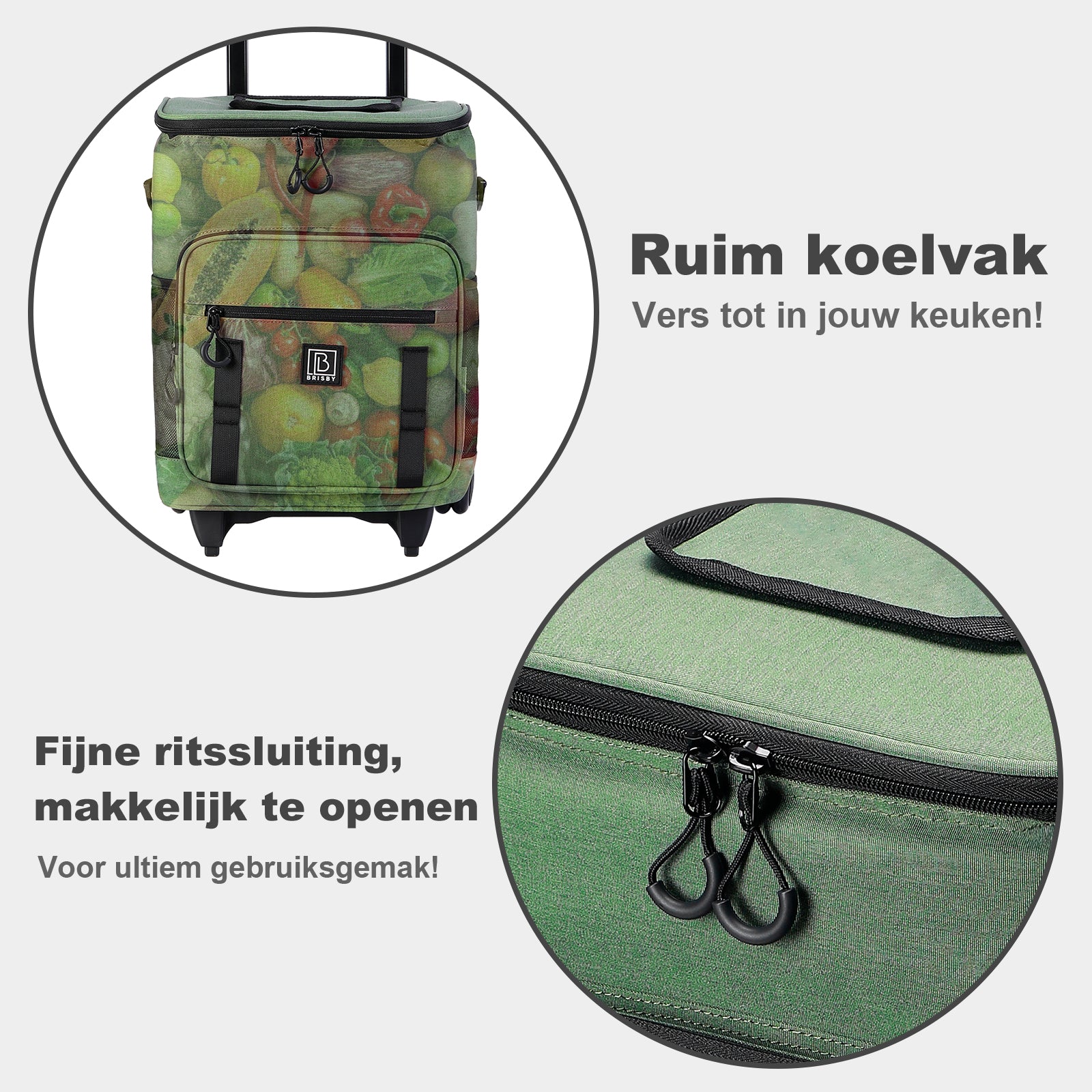 Brisby Boodschappentrolley met Koelvak – 32L Ruimte – Ideaal voor Boodschappen – Inclusief Koelelementen – Waterafstotend – Verstelbaar Handvat – Groen