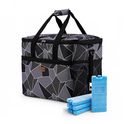 Cooler bag 40L abstract grey and black - lunch bag - foldable - 4-layer insulated - incl. 6 free cooling elements and carrying strap