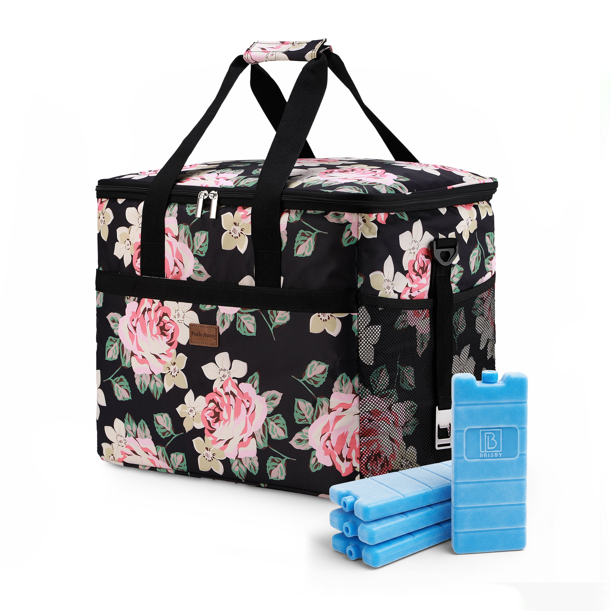 Cooler bag 40L black flower - lunch bag - foldable - 4-layer insulated - incl. 6 free cooling elements and carrying strap