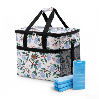 Cooler bag 40L white flower - lunch bag - foldable - 4-layer insulated - incl. 6 free cooling elements and carrying strap