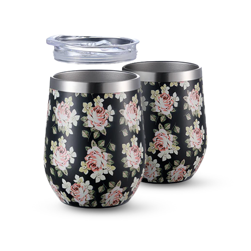 Thermosbeker set black flower - 2 bekers met lekvrije deksels - dubbelwandig - 360ml