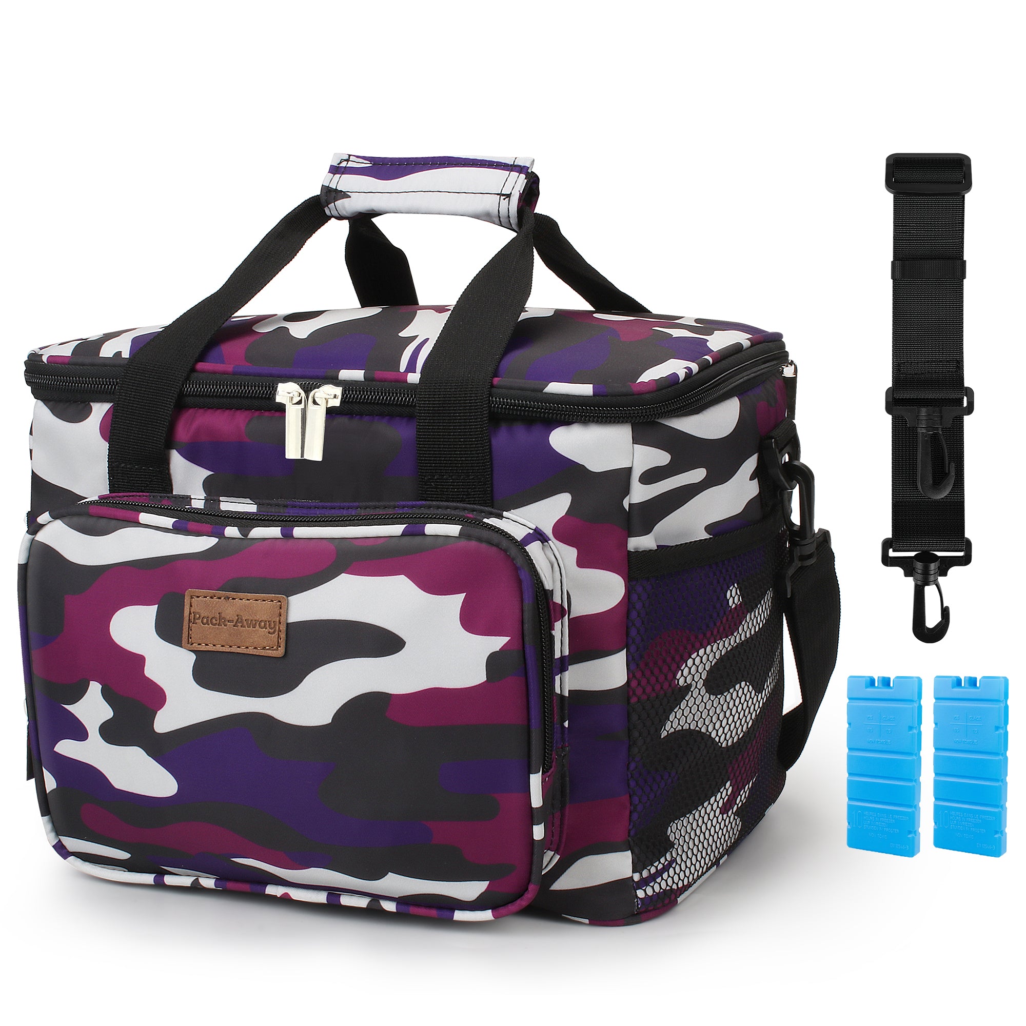 Koeltas 15L camouflage paars - lunchtas - 4-laags geïsoleerd - opvouwbaar - incl. 2 gratis koelelementen en draagband