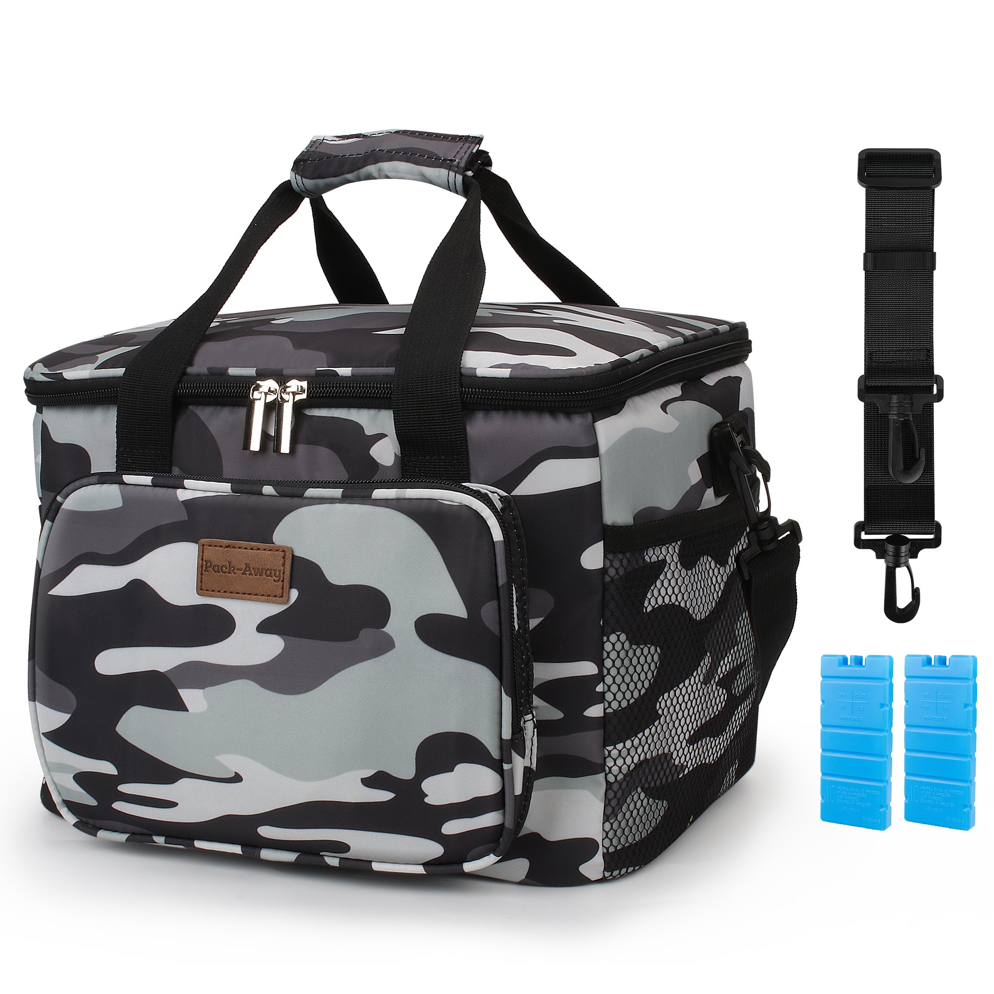 Koeltas 15L koeltas abstract camouflage grijs - lunchtas - 4-laags geïsoleerd - opvouwbaar - incl. 2 gratis koelelementen en draagband