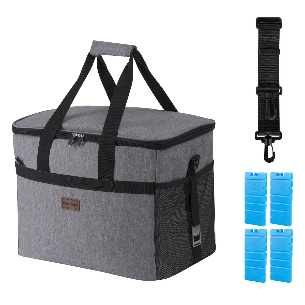 Koeltas 40L grijs - lunchtas - opvouwbaar - 4-laags geïsoleerd - incl. 6 gratis koelelementen en draagband