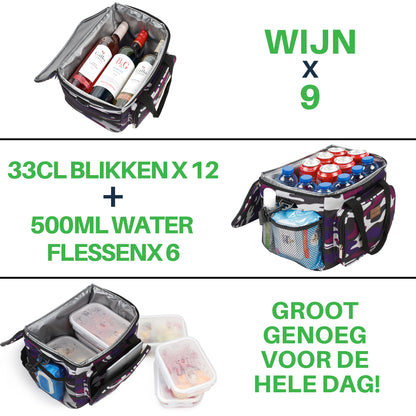 Koeltas 15L camouflage paars - lunchtas - 4-laags geïsoleerd - opvouwbaar - incl. 2 gratis koelelementen en draagband