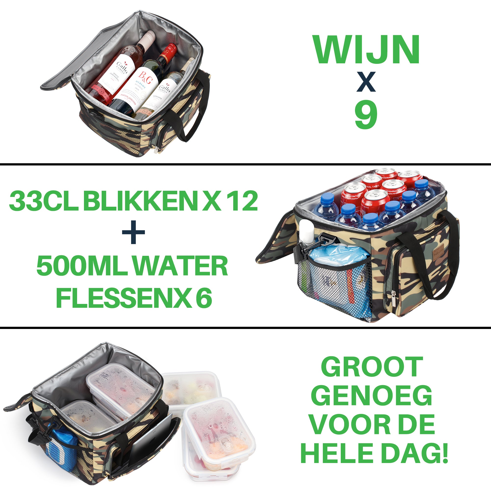 Koeltas 15L camouflage groen - lunchtas - 4-laags geïsoleerd - opvouwbaar - incl. 2 gratis koelelementen en draagband