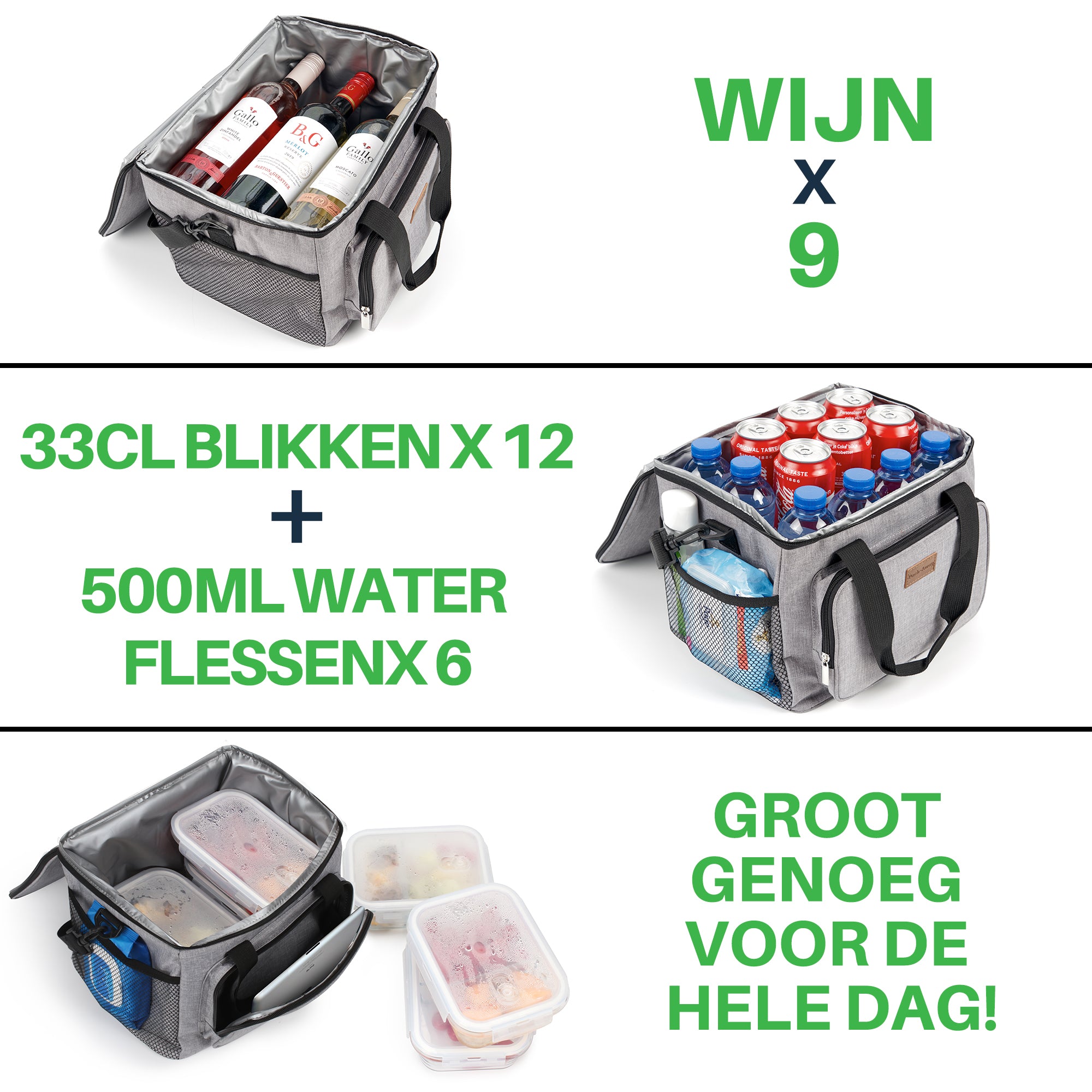 Koeltas 15L grijs - lunchtas - 4-laags geïsoleerd - opvouwbaar - incl. 2 gratis koelelementen en draagband