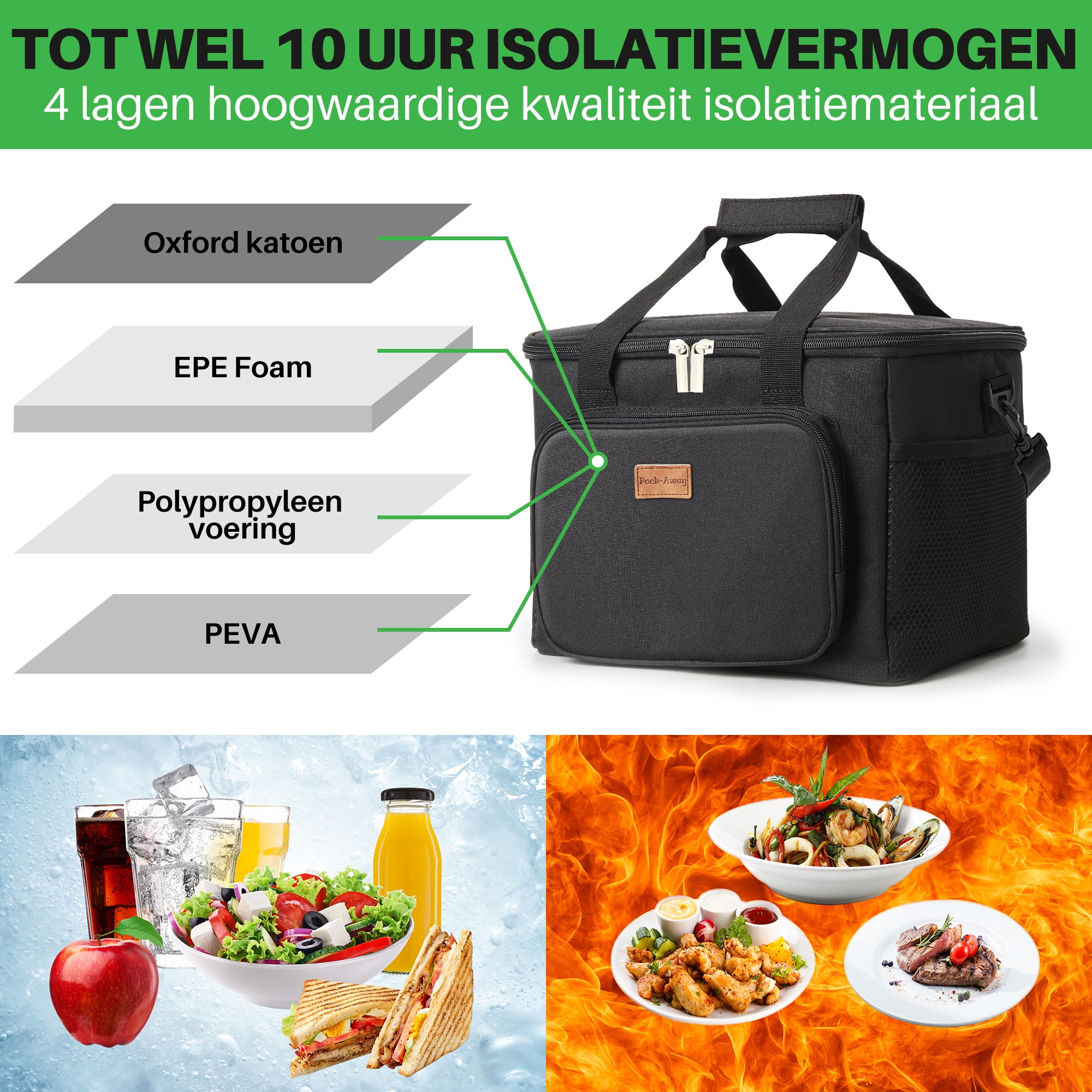 Koeltas 15L zwart - lunchtas - 4-laags geïsoleerd - opvouwbaar - incl. 2 gratis koelelementen en draagband