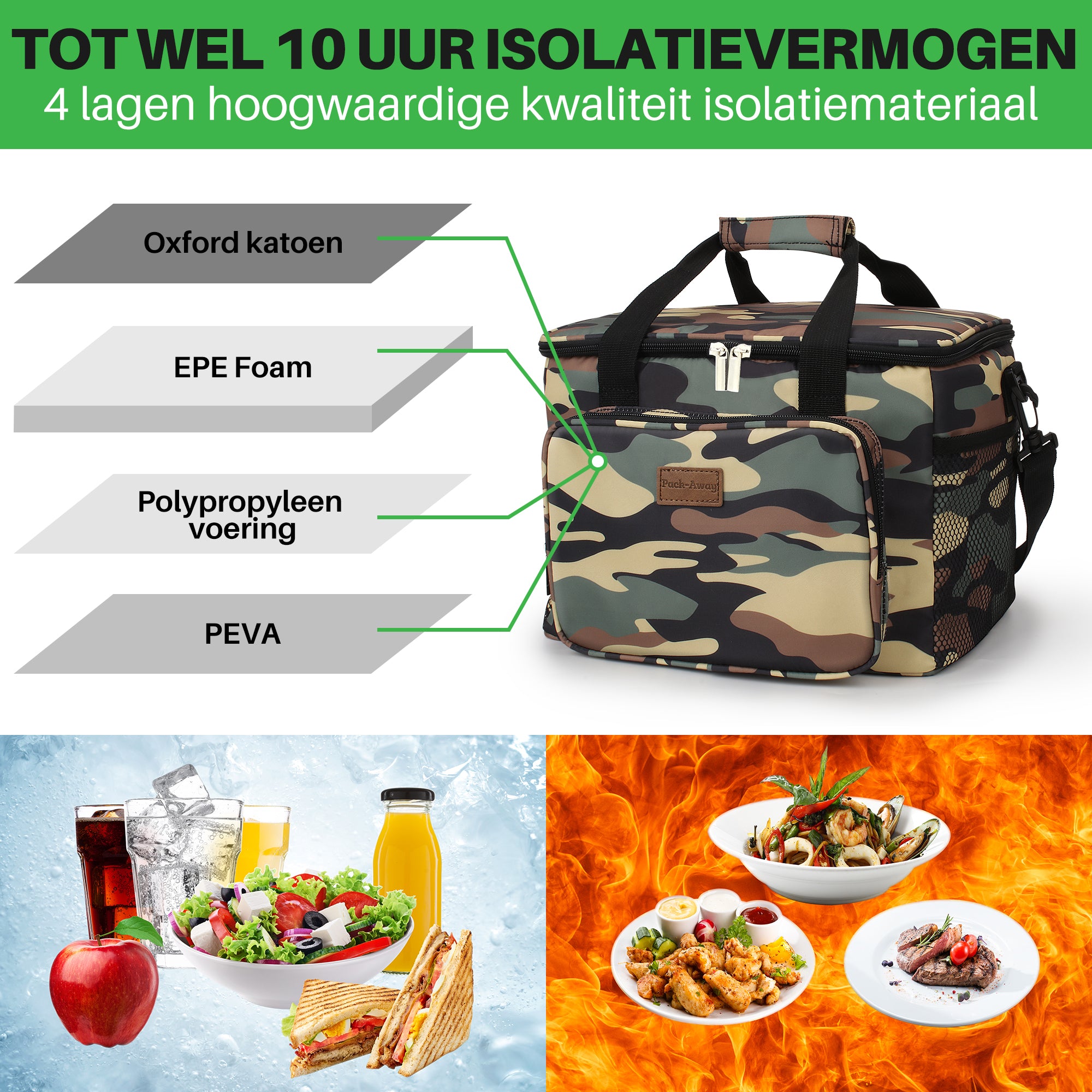 Koeltas 15L camouflage groen - lunchtas - 4-laags geïsoleerd - opvouwbaar - incl. 2 gratis koelelementen en draagband