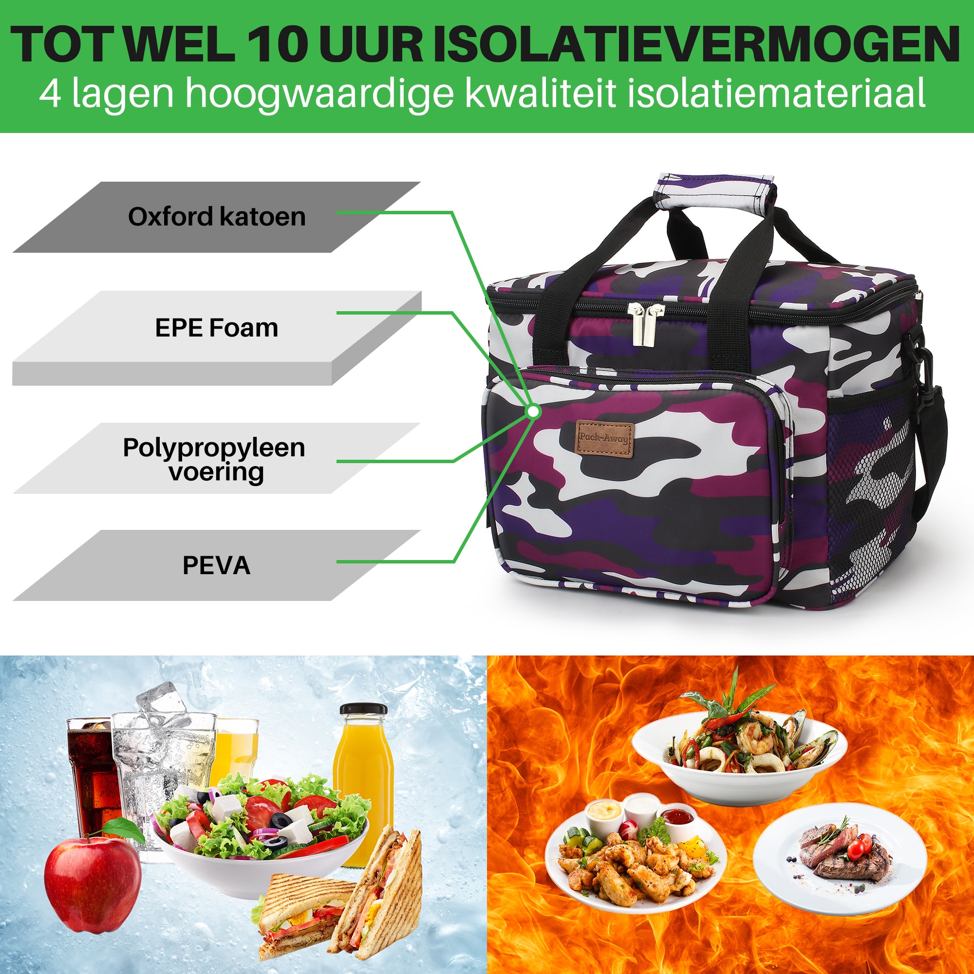 Koeltas 15L camouflage paars - lunchtas - 4-laags geïsoleerd - opvouwbaar - incl. 2 gratis koelelementen en draagband