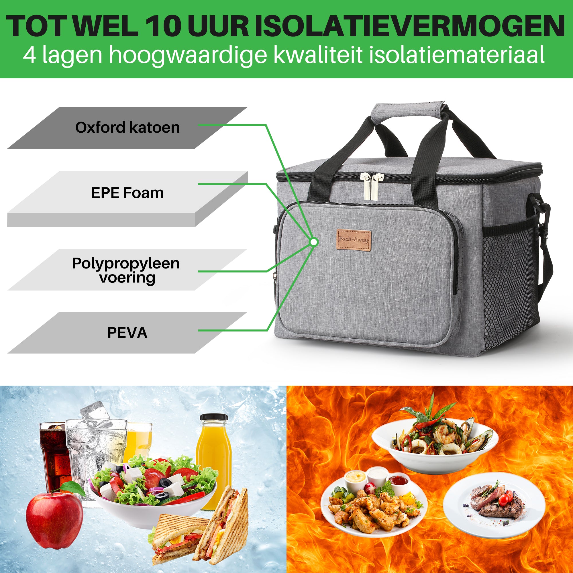 Koeltas 15L grijs - lunchtas - 4-laags geïsoleerd - opvouwbaar - incl. 2 gratis koelelementen en draagband