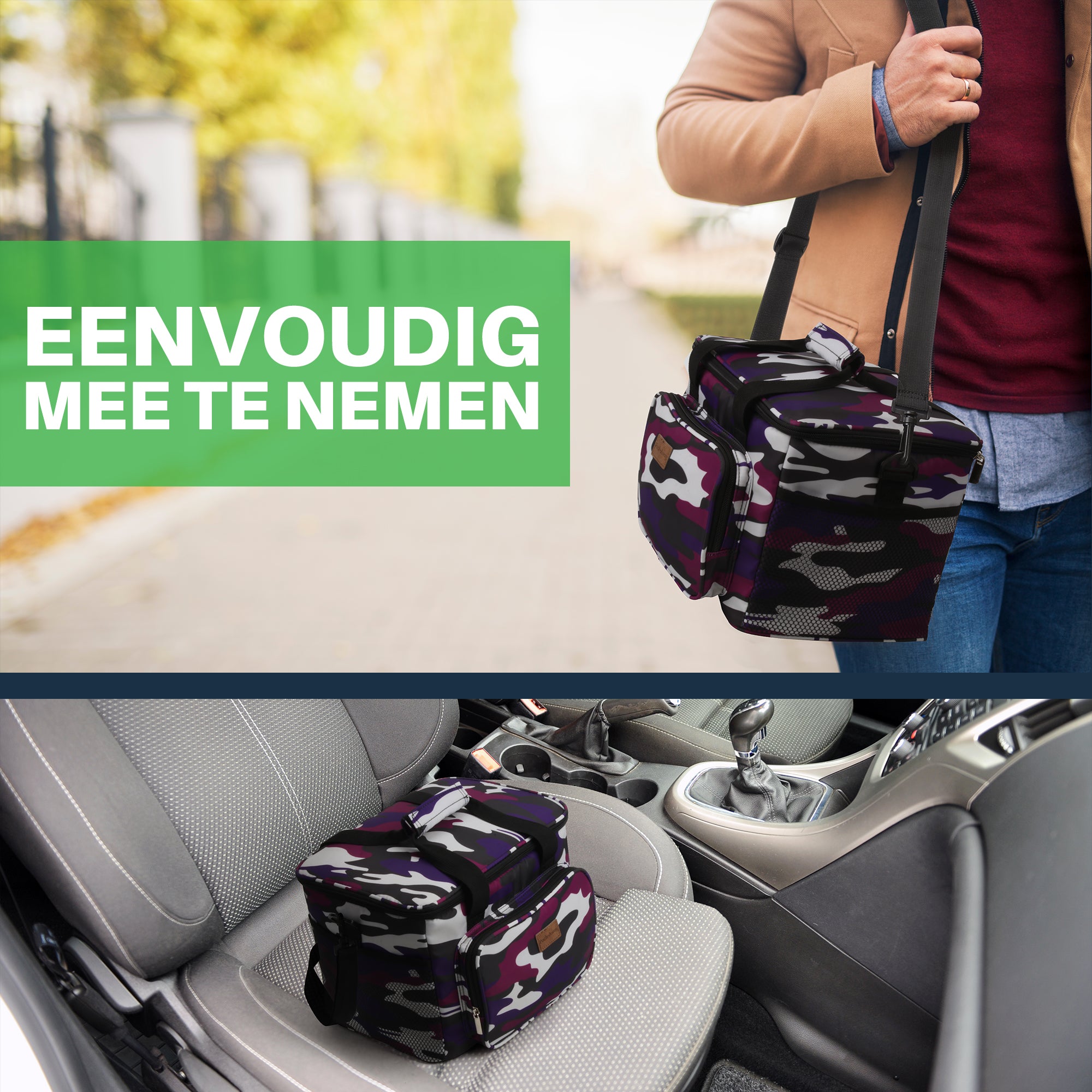 Koeltas 15L camouflage paars - lunchtas - 4-laags geïsoleerd - opvouwbaar - incl. 2 gratis koelelementen en draagband