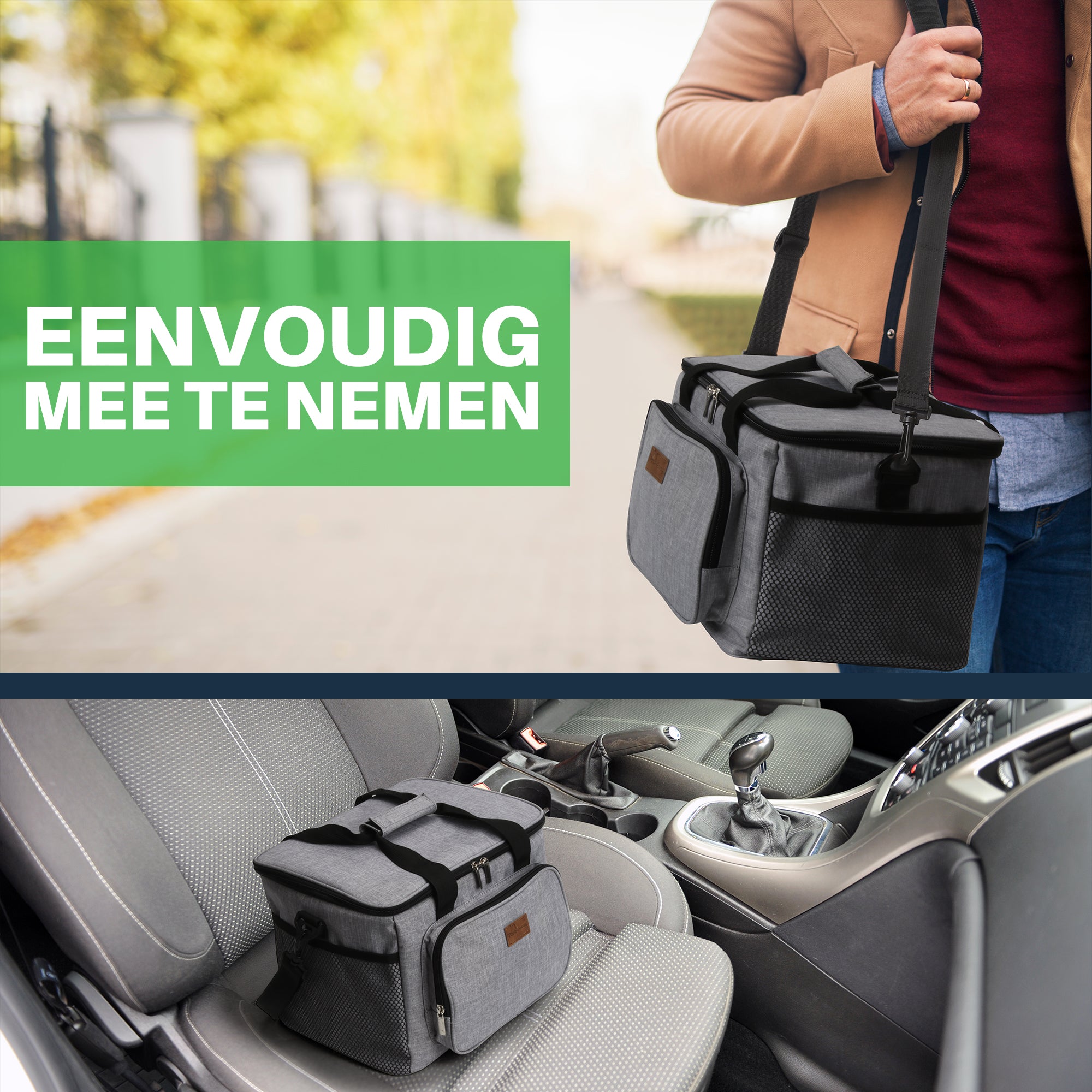 Koeltas 15L grijs - lunchtas - 4-laags geïsoleerd - opvouwbaar - incl. 2 gratis koelelementen en draagband