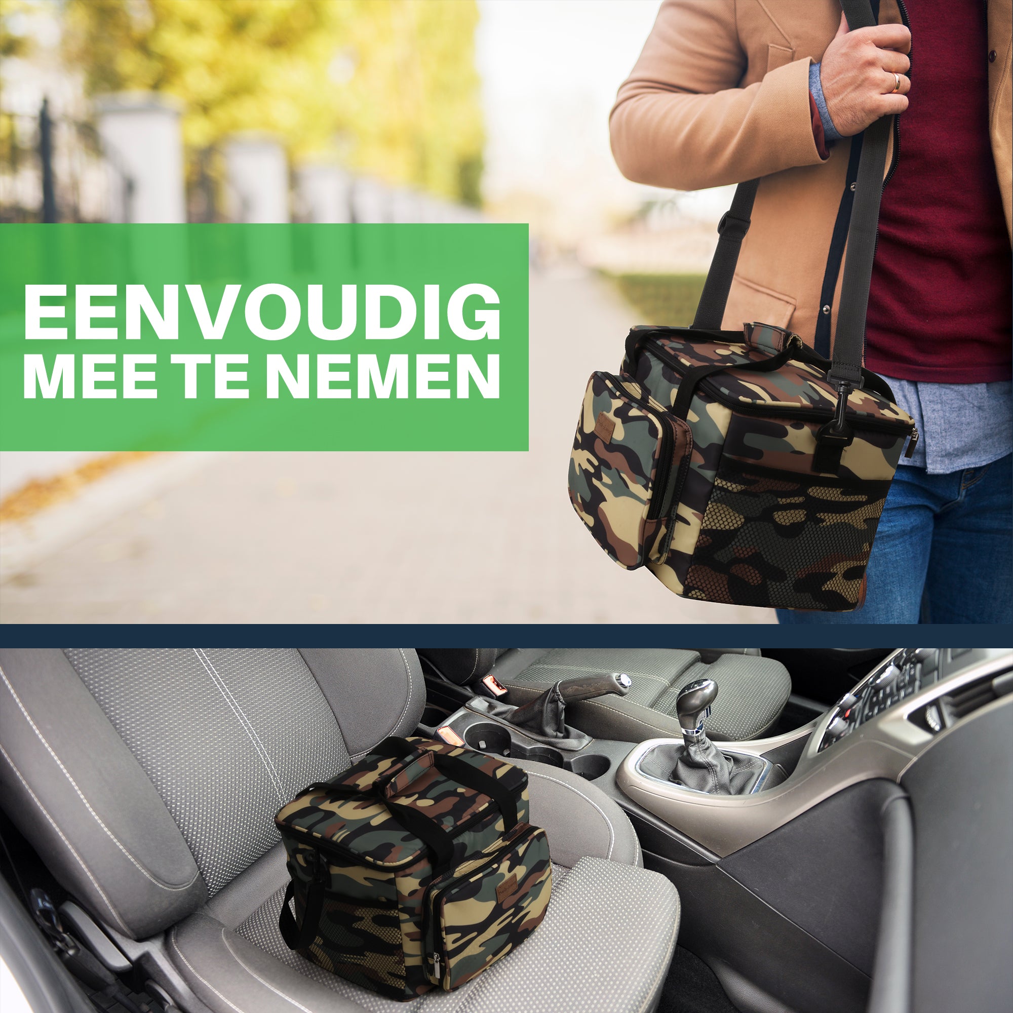 Koeltas 15L camouflage groen - lunchtas - 4-laags geïsoleerd - opvouwbaar - incl. 2 gratis koelelementen en draagband