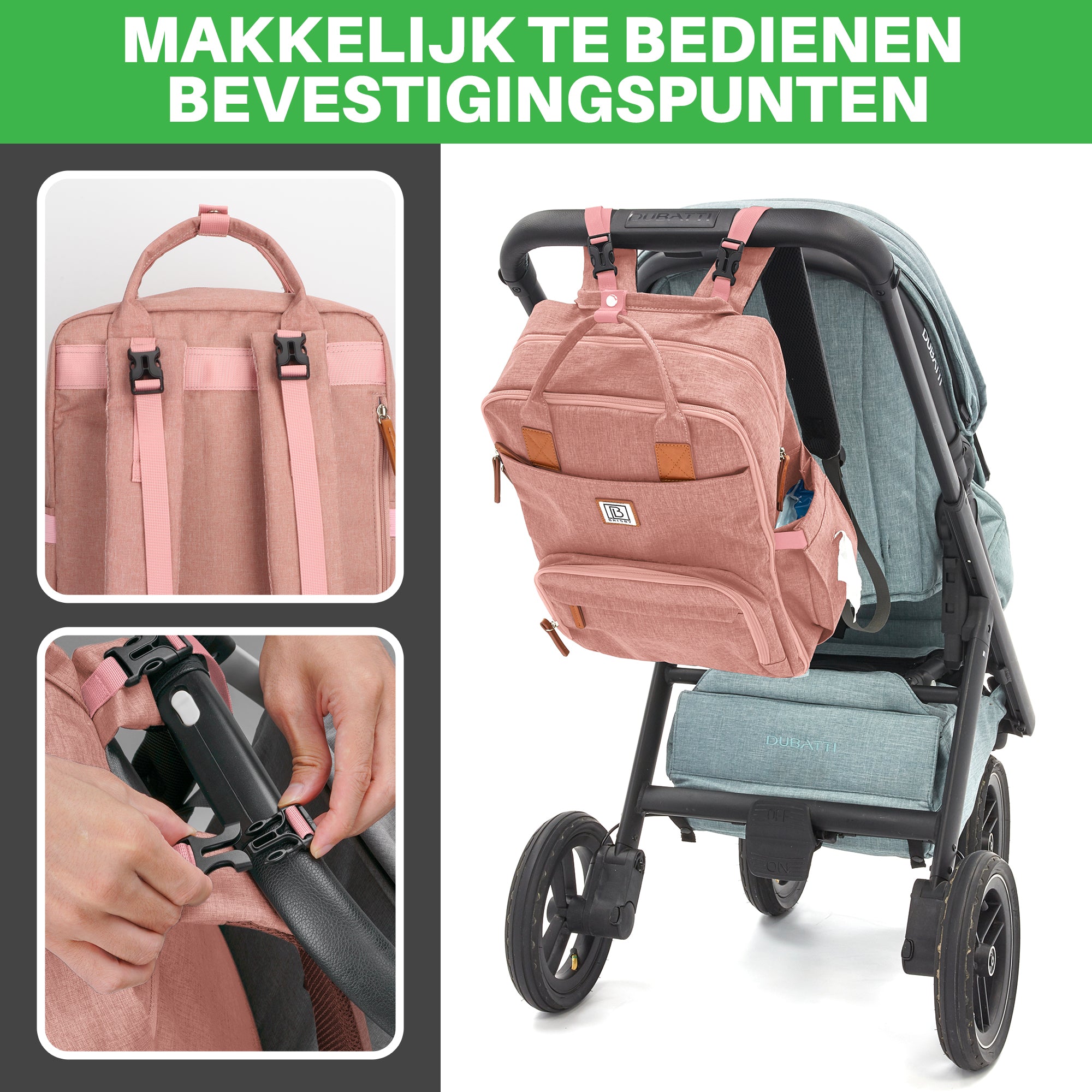 Original slijtvaste luiertas roze - verzorgingstas - incl. buggymontage en verschoningsmat