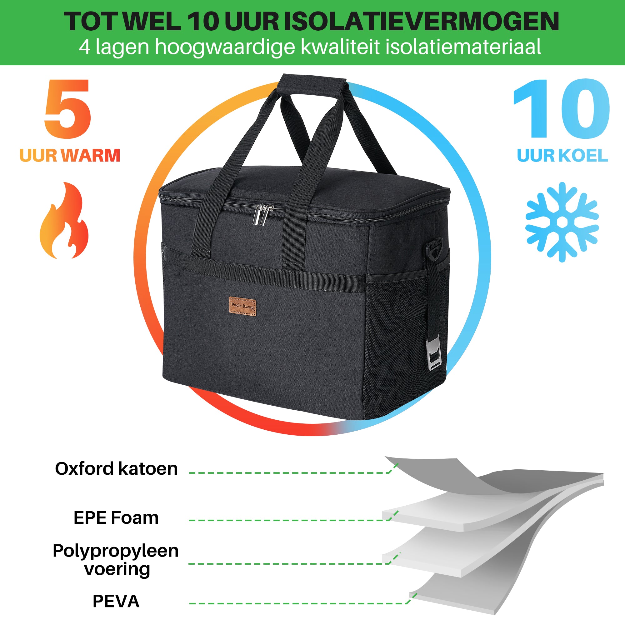 Koeltas 30L zwart - lunchtas - opvouwbaar - 4-laags geïsoleerd - incl. 4 gratis koelelementen en draagband