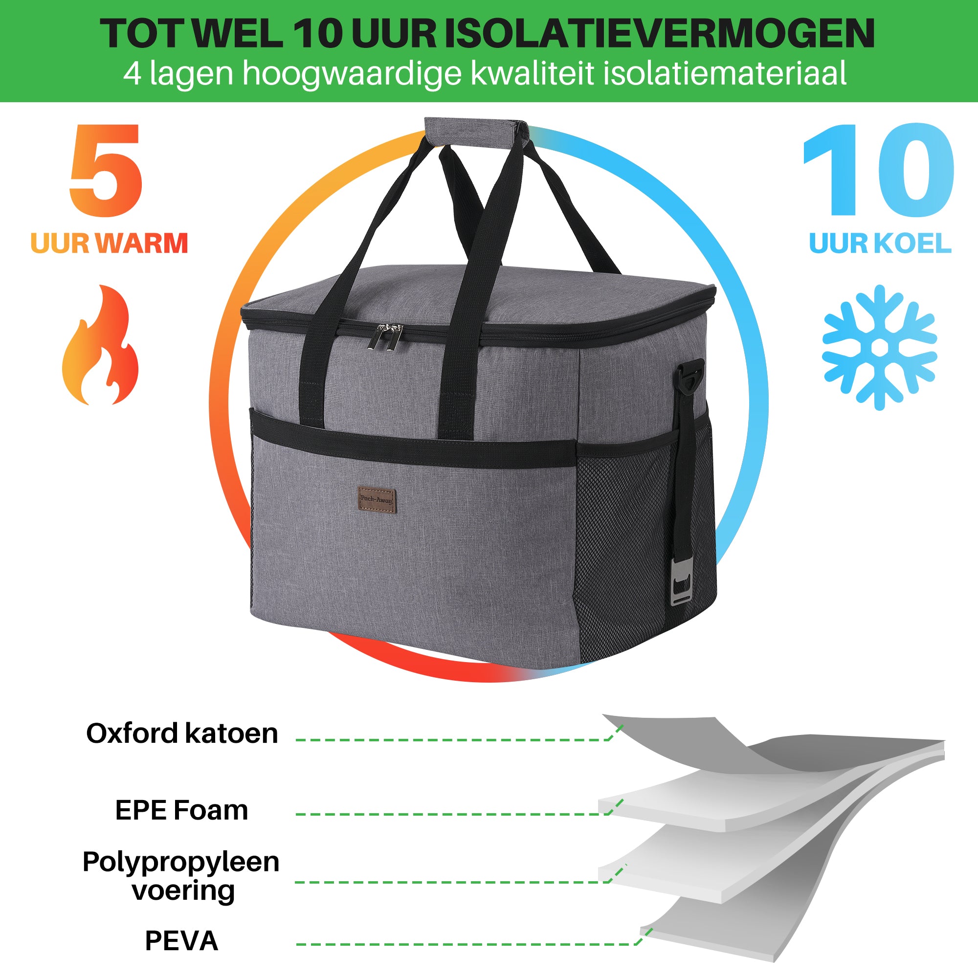 Koeltas 40L grijs - lunchtas - opvouwbaar - 4-laags geïsoleerd - incl. 6 gratis koelelementen en draagband