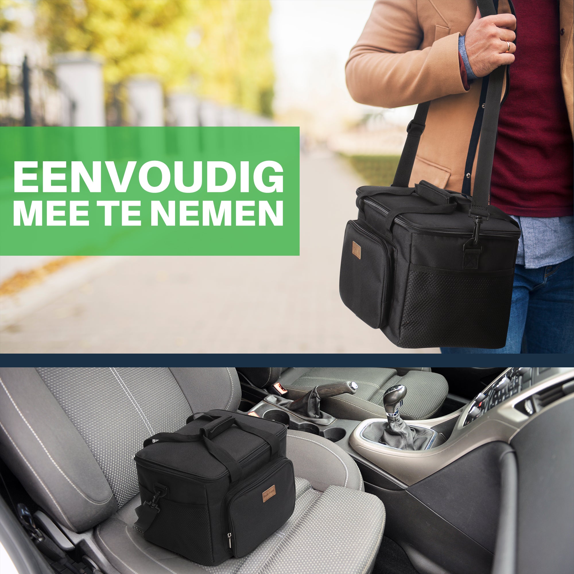 Koeltas 15L zwart - lunchtas - 4-laags geïsoleerd - opvouwbaar - incl. 2 gratis koelelementen en draagband