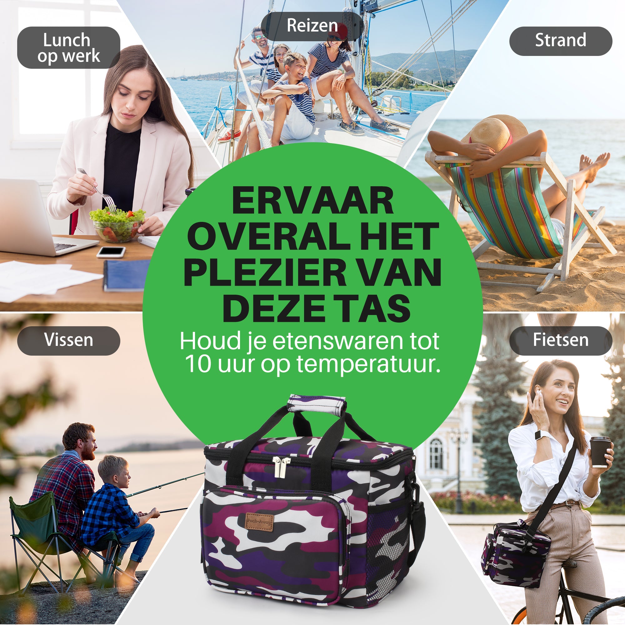 Koeltas 15L camouflage paars - lunchtas - 4-laags geïsoleerd - opvouwbaar - incl. 2 gratis koelelementen en draagband