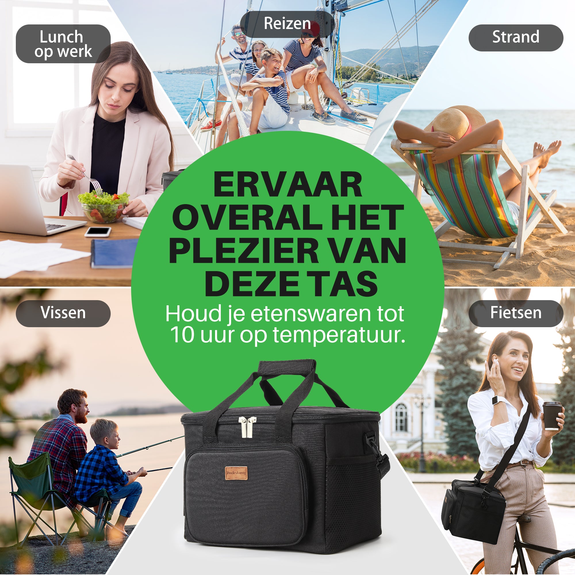 Koeltas 15L zwart - lunchtas - 4-laags geïsoleerd - opvouwbaar - incl. 2 gratis koelelementen en draagband